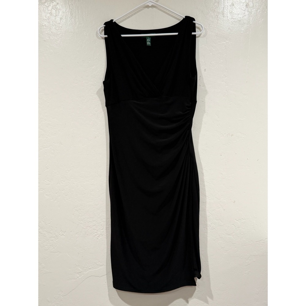 Lauren Ralph Lauren Black Ruched V-Neck Sleeveless Sheath Cocktail Dress Size 12 - Picture 2 of 7